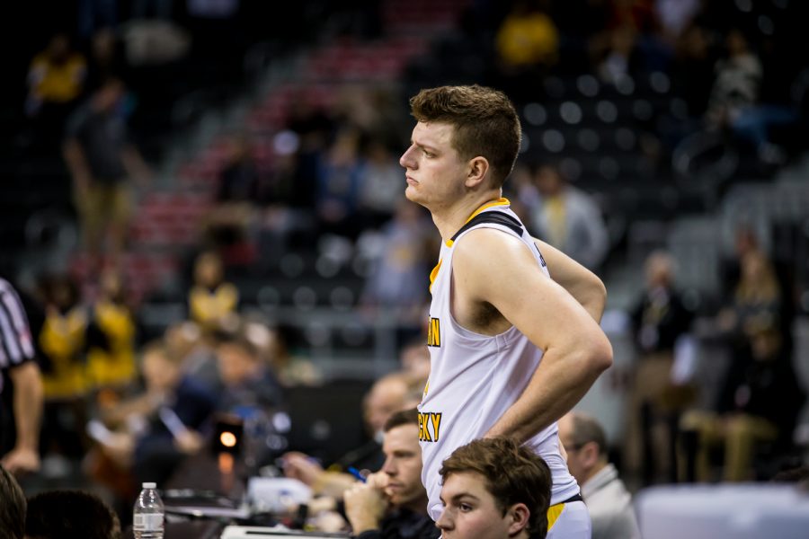 Drew McDonald (34) stands on the sidelines after leaving the court on senior night during the game against Cleveland State. The Norse fell 83-77 to Cleveland State.