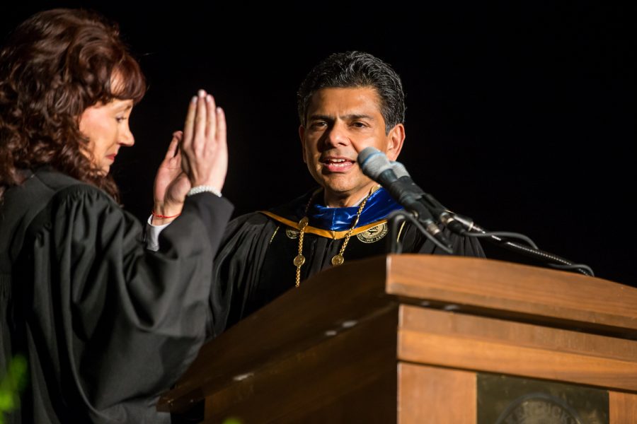 President Dr. Ashish Vaidya is sworn in as NKUs sixth president by Kentucky Supreme Court Justice Michelle Keller.