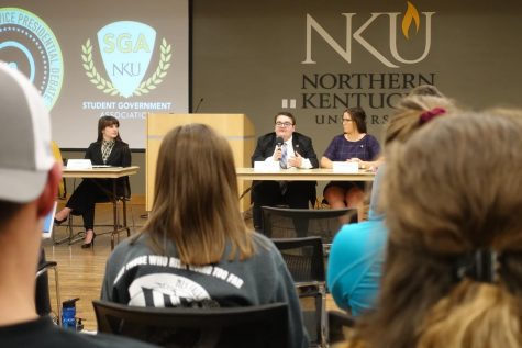 Junior political science major and presidential candidate Jarett Lopez sits next to running mate Shelby Sanford, junior public relations major.