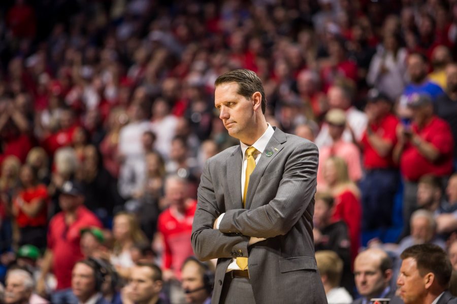 Mens Basketball Head Coach John Brannen reacts during the game against Texas Tech. The Norse fell to Texas Tech 72-57 in the first round of the NCAA Tournament.