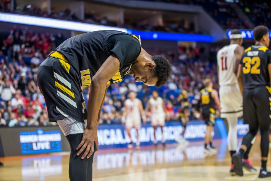 Jalen Tate (11) reacts during the game against Texas Tech in Tulsa, Oklahoma.  The Norse fell to Texas Tech 72-57 in the first round of the NCAA Tournament.