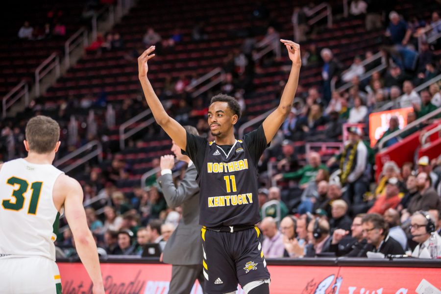 Jalen Tate (11) reacts during the final seconds of the final game of the Horizon League Tournament against Wright State. NKU defeated Wright State 77-66.