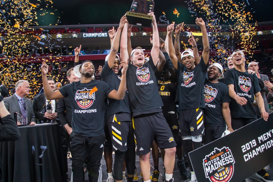 NKU players reacts after receiving the Horizon League Tournament Trophy. The Norse defeated Wright State 77-66.