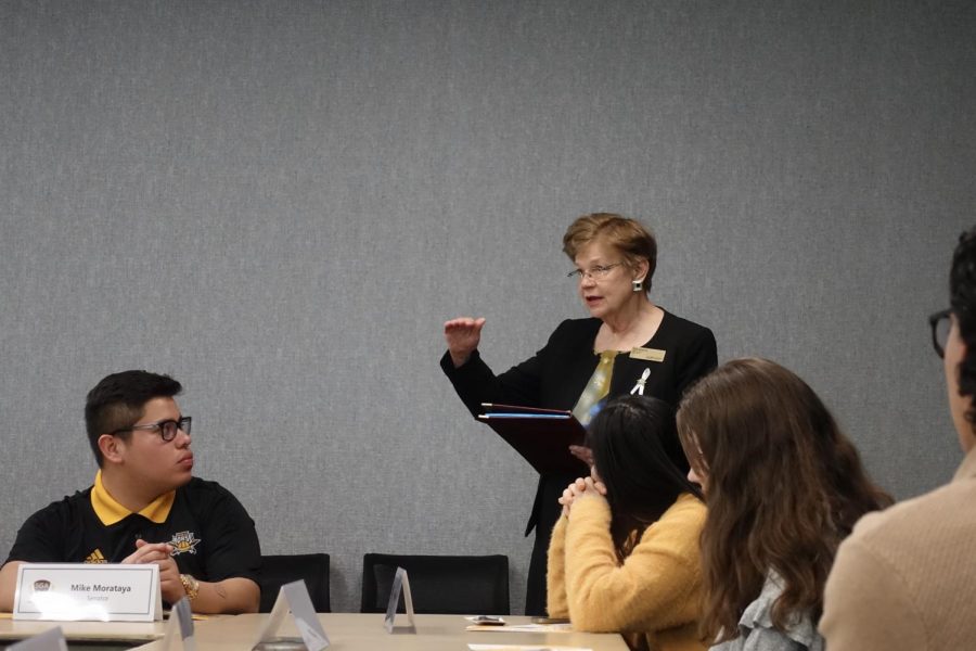 Associate Dean of Steely Library Lois Schultz speaks to SGA about the budget concerns of Steely.