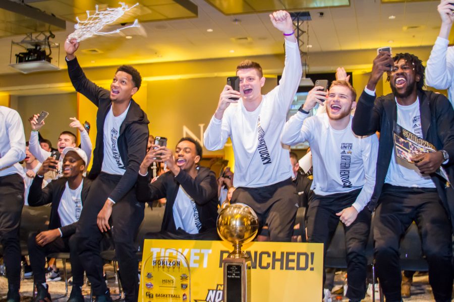 NKU Basketball Players cheer after the announcement of them recieving the 14th seed in the West region of the NCAA Tournament. The Norse will face No. 3 Texas Tech in the opening round.