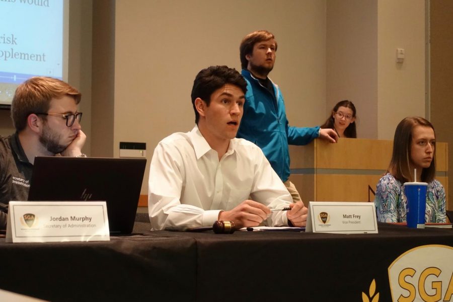 Student Government Vice President Matt Frey addresses senators on April 8, 2019.