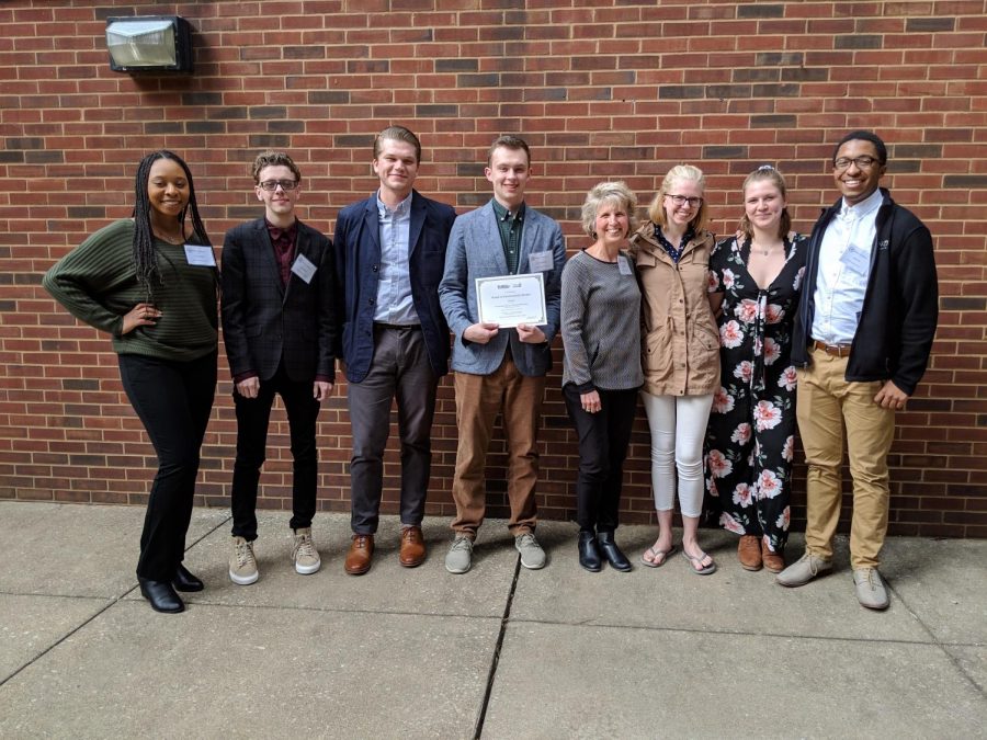 Northerner editors Sierra Newton, Kane Mitten, Billy Keeney, Sam Rosenstiel, advisor Michele Day, editors Natalie Hamren, Nicole Browning and Josh Kelly at the SPJ Mark of Excellence Awards, April 6, 2019.