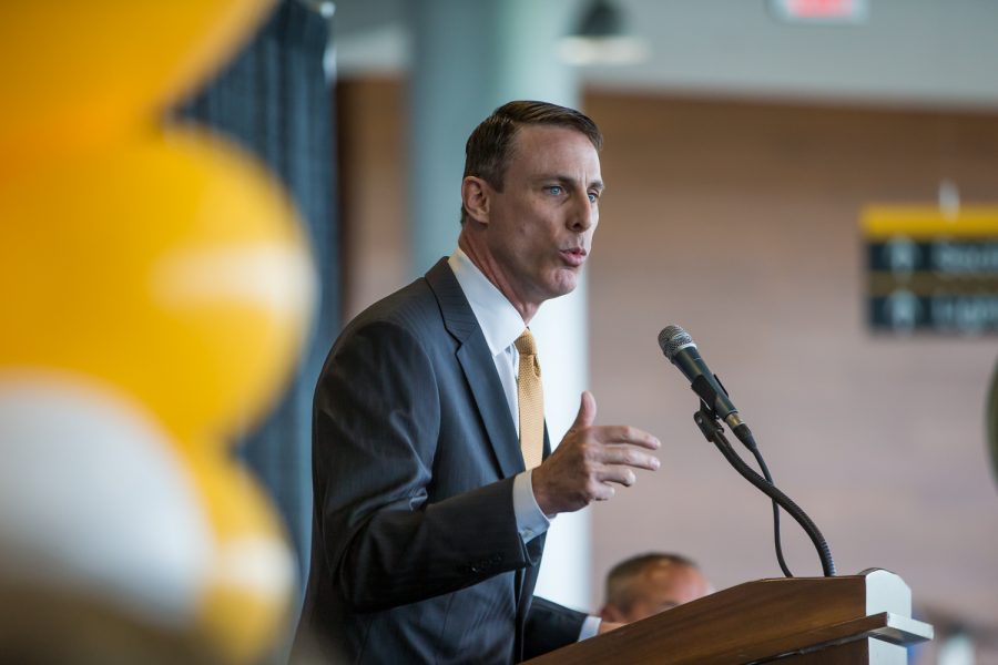 Newly introduced Men's Basketball Head Coach Darrin Horn addresses the press conference during his introduction.