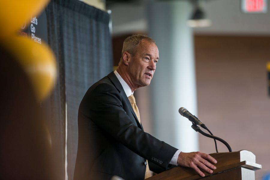 NKU President Ken Bothof gives his remarks during the press conference for the welcoming of the new Mens Basketball Head Coach Darrin Horn.