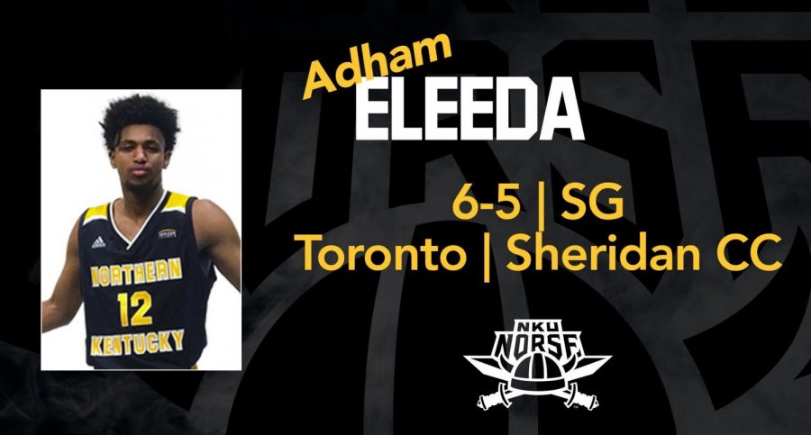 Left middle of picture shows Adham Eleeda. Center of photo has text stating "adham Eleeda, 6'5" Shooting Guard, from Toronto, Canada and Sheridan Community College