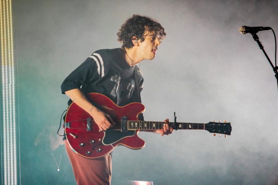 The 1975s Matty Healy playing guitar to the audience of Bunbury Music Festival.