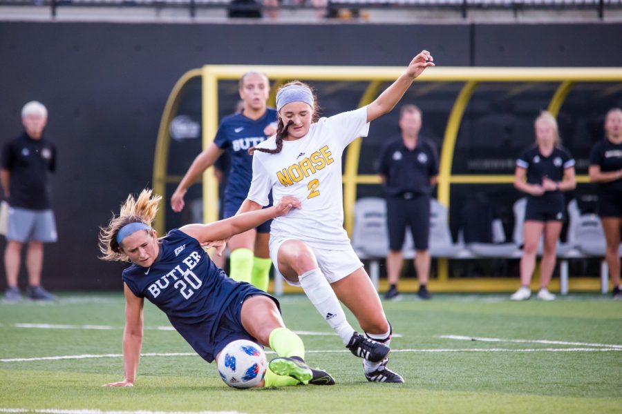 Kiley Keehann (2)  fights for control of a ball during the game against Butler. The Norse fell to Butler 2-1.