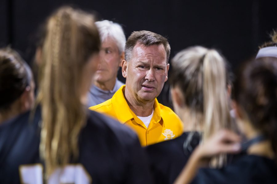 Womens Soccer Head Coach Bob Sheehan talks to the team after a loss against Ohio University. The Bobcats won 1-0 and had 7 shots on goal to the Norses 1.