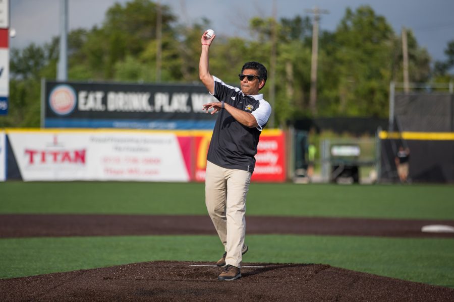 NKU President Ashish Vaidya throws out a first pitch at the Florence Freedom baseball game prior to the game on NKU Night.