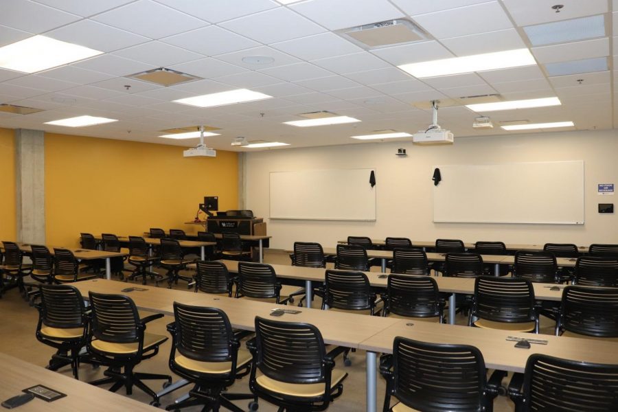 One of the interactive classrooms where students will have the chance to learn from professors virtually, equipped with microphones on the tables that allow students to speak to their professor directly.