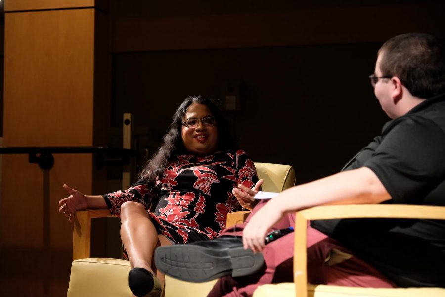 Former White House liaison Raffi Freedman-Gurspan and student body president Jarett Lopez spoke to students in the Otto M. Budig Theater on Wednesday night.