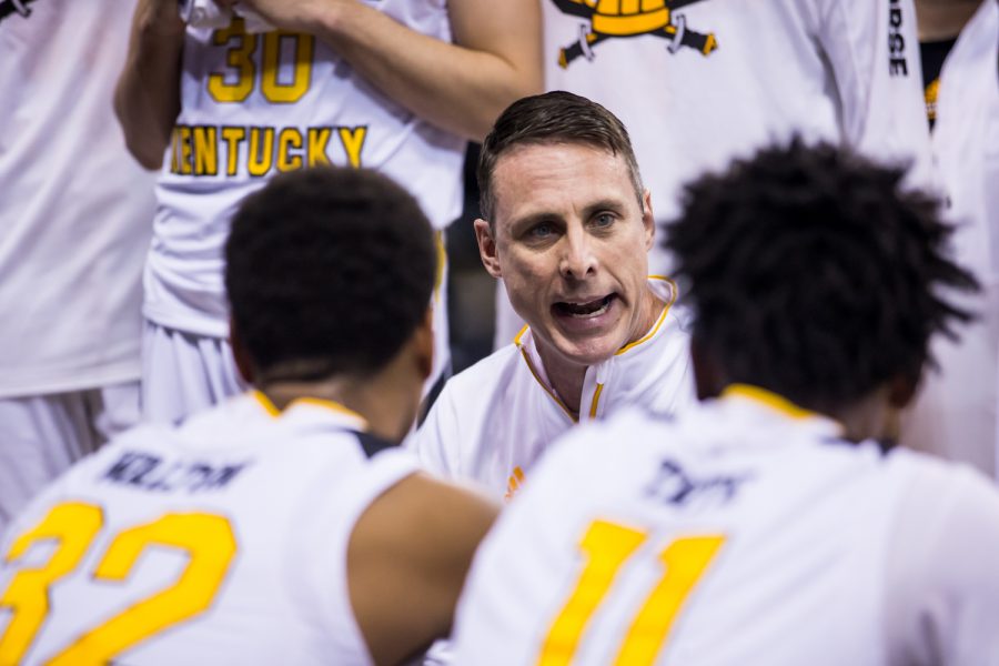 Mens Basketball Head Coach Darrin Horn talks to the team during a timeout in the game against Transylvania. The Norse defeated Transylvania 71-45 in the exhibition game on Wednesday night.