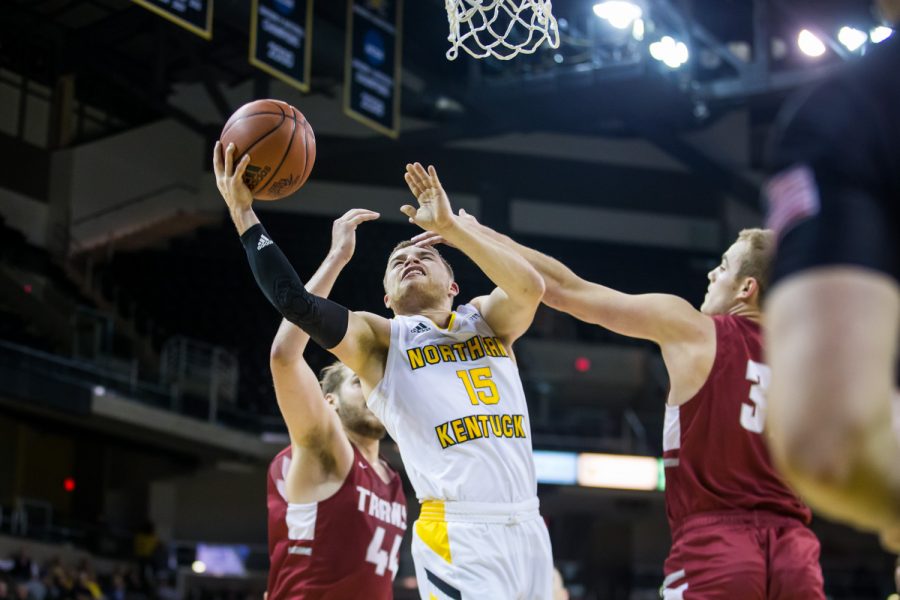 Tyler Sharpe (15) goes up for a shot during the game against Transylvania. Sharpe shot 2-of-11 on the night and 0-of-6 from three.