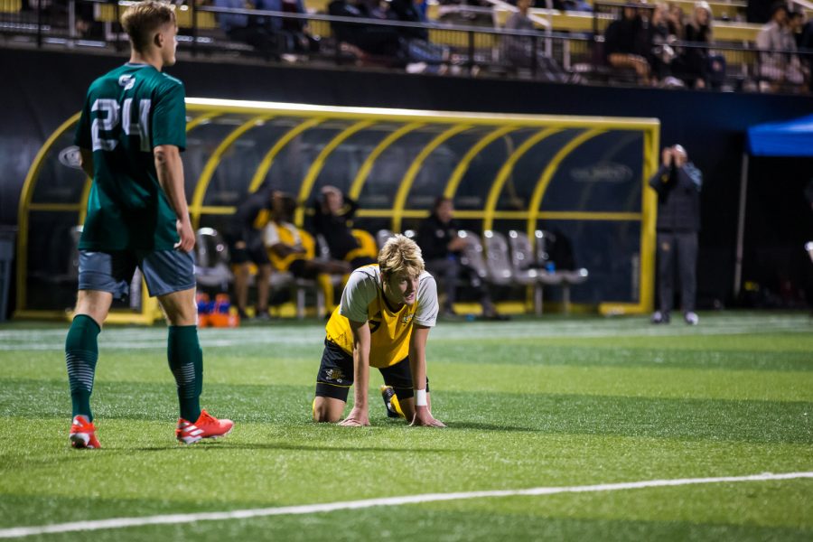 Alex Greive (7) reacts as the final seconds tick off the clock in the game against Green Bay. The Norse fell to Green Bay with a score of 3-2.