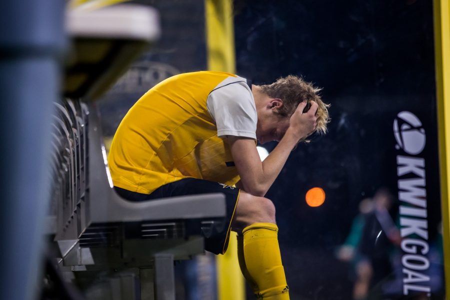 Alex Greive (7) reacts on the sideline after the game against Green Bay. Greive had 6 shots on the game and 1 goal. The Norse fell to Green Bay 3-2 on Saturday night.