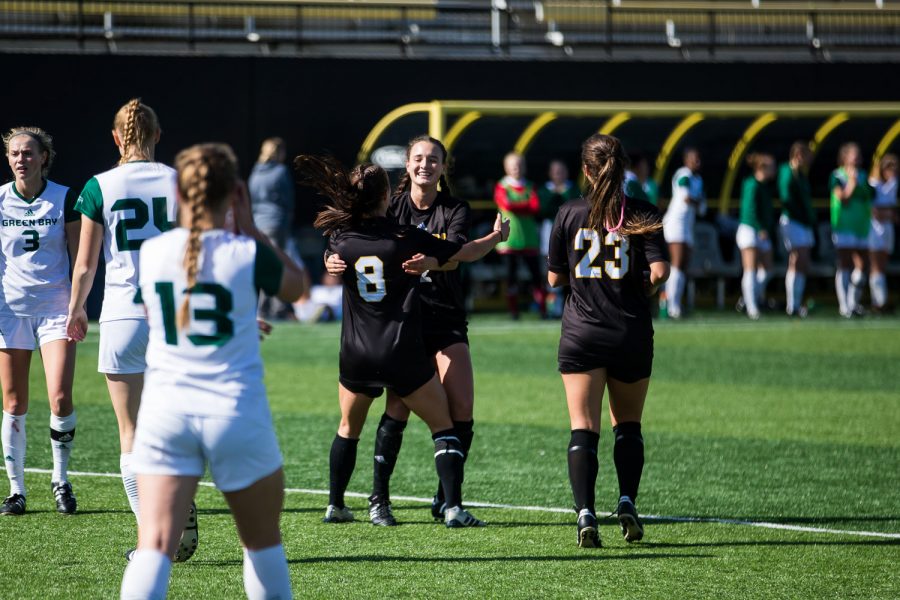 NKU players celebrate after a goal by Shawna Zaken (8) during the game against Green Bay. The Norse defeated Green Bay 5-1 during the game on Sunday afternoon.