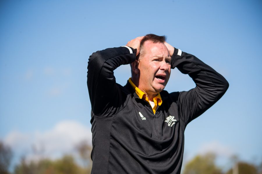 Women's Soccer Head Coach Bob Sheehan reacts after a call on the field during the game against Green Bay. The Norse defeated Green Bay 5-1 on Sunday Afternoon.