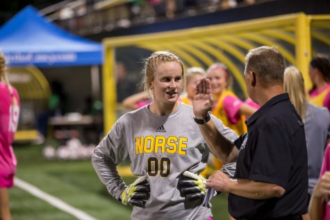FILE: Womens Soccer Head Coach Bob Sheehan talks to Mimi Stines (00) before the start of the second half during the game against Wright State. The Norse fell to the Raiders 3-1 on the night.