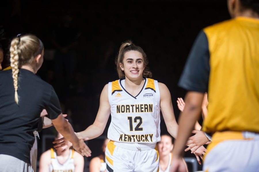 Carissa Garcia (12) is introduced before the game against Davis &amp; Elkins College. The Norse defeated Davis &amp; Elkins 73-47.