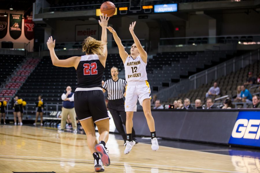 Carissa Garcia (12)  shoots a three point shot during the game against Davis &amp; Elkins College. Garcia shot 1-of-7 from three and had 16 points on the night.