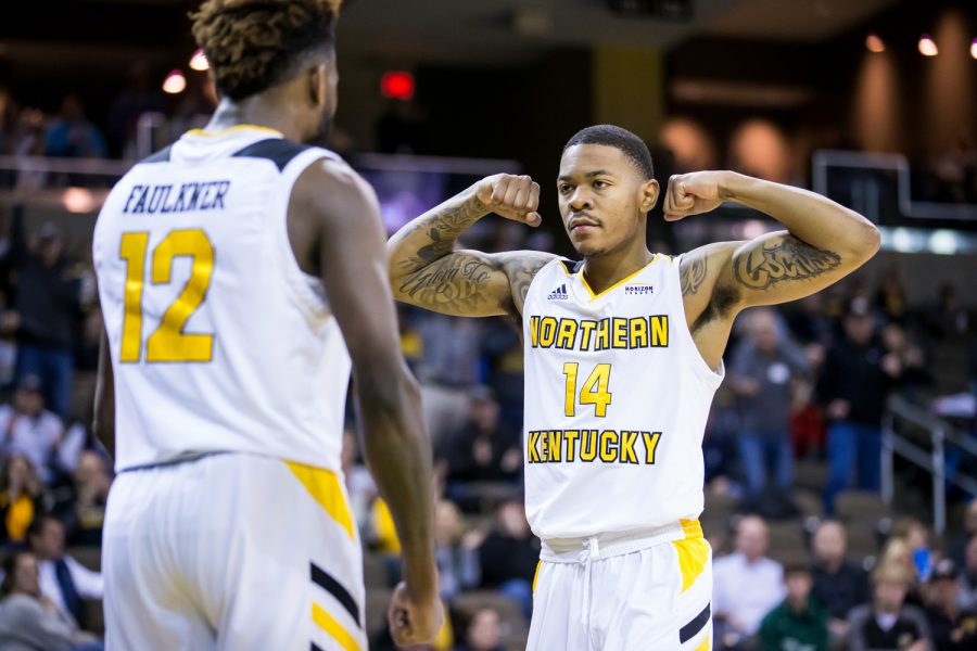 Karl Harris (14) reacts after a basket by Trevon Faulkner (12) during the game against Texas Southern. The Norse fell to Texas Southern 98-96 in double overtime.