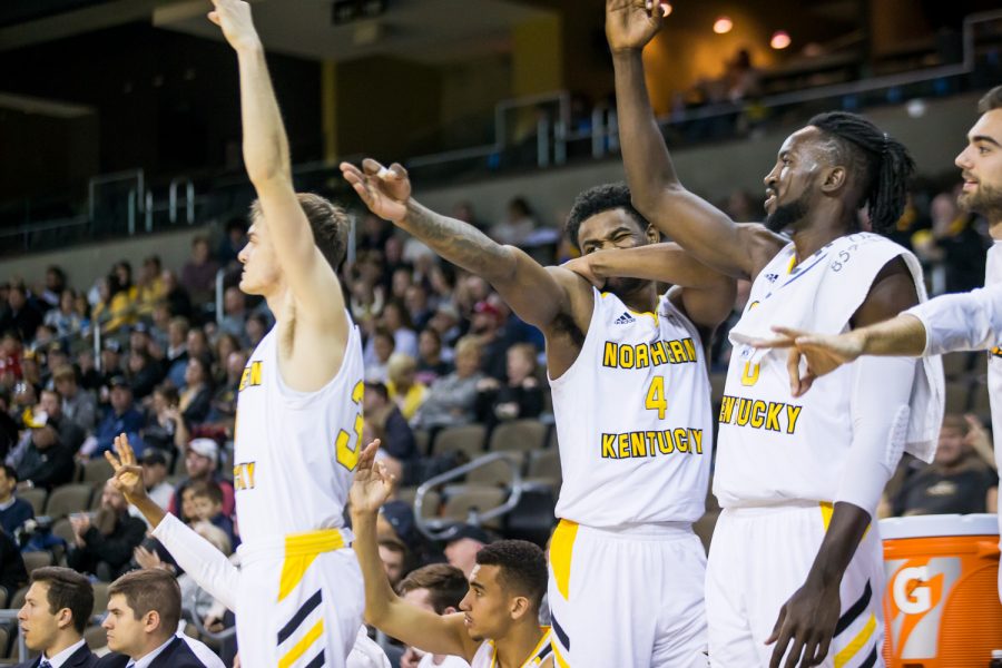 NKU players reacts after a point during the game against UC Clermont. The Norse defeated UC Clermont 55-105 on Tuesday night.