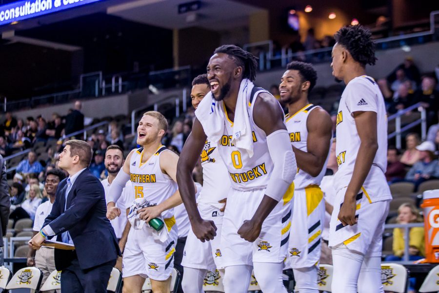 NKU players reacts after a score by the Norse  during the game against UC Clermont. The Norse defeated UC Clermont 55-105.