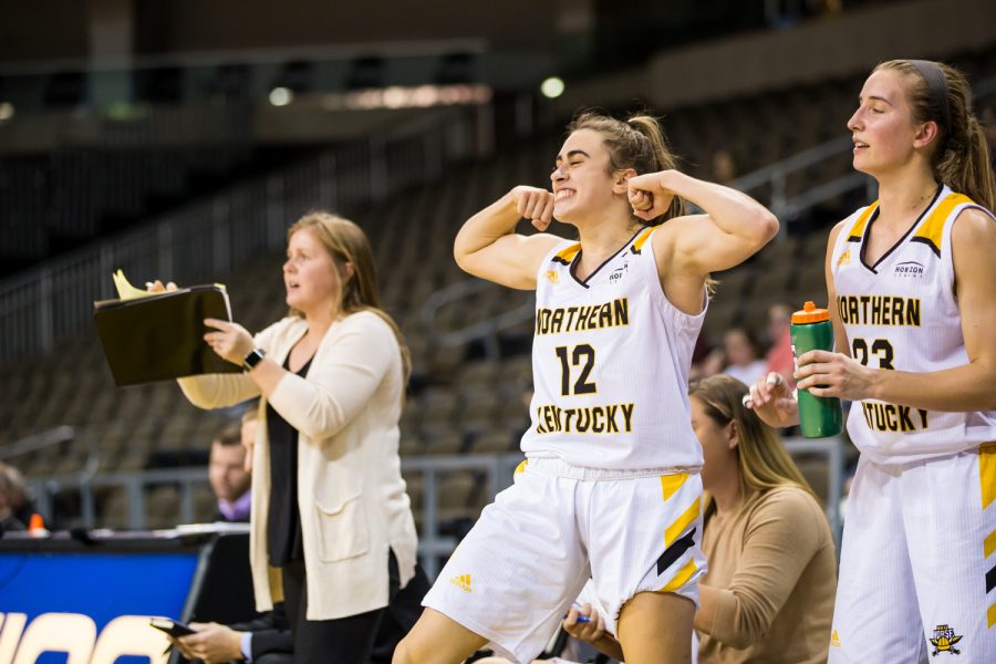 Carissa Garcia (12) reacts after a Norse point during the game against the University of Nebraska at Omaha. The Norse defeated the University of Nebraska at Omaha 57-40.