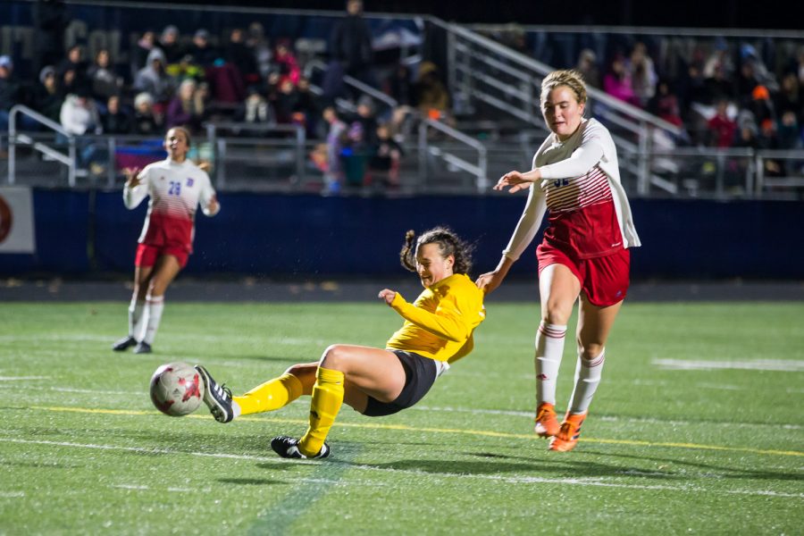 Kiley Keehan (2) falls after being fouled inside the box during the game against Detroit Mercy in Detroit. The Norse were awarded a penalty kick and scored off of it.