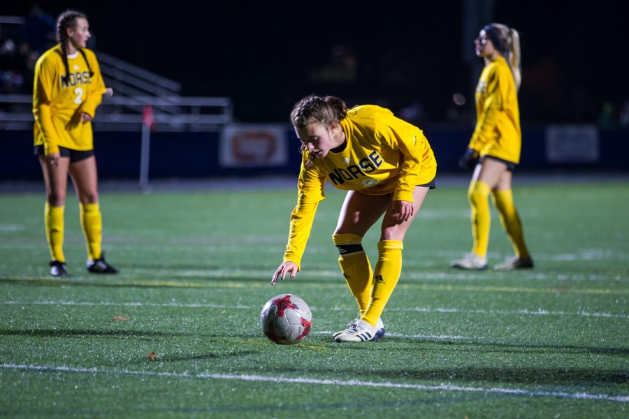 Shawna Zaken (8) places the ball before a penalty kick in the second half of the game against Detroit Mercy in Detroit. The Norse defeated Detroit Mercy 2-0.