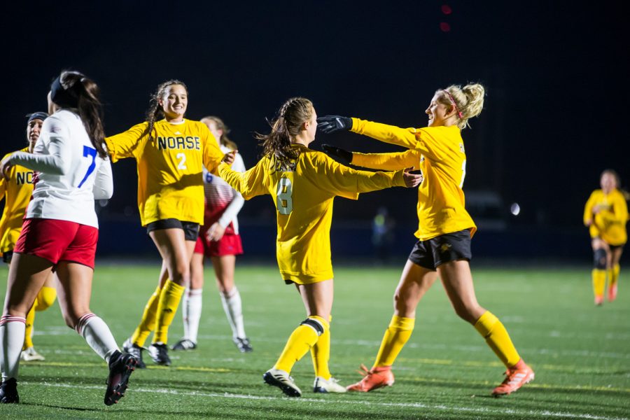 NKU players celebrate after a goal by Shawna Zaken (8) off of a penalty kick During the game against Detroit Mercy in Detroit. The Norse defeated Detroit Mercy 2-0 on the night, which ensures them a spot in the upcoming Horizon League Tournament.