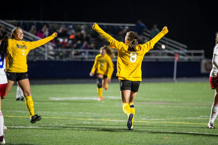 Shawna Zaken (8) celebrates after a goal during the game against Detroit Mercy in Detroit on Friday Night. The Norse won over Detroit Mercy, which locks in their spot in the Horizon League Tournament