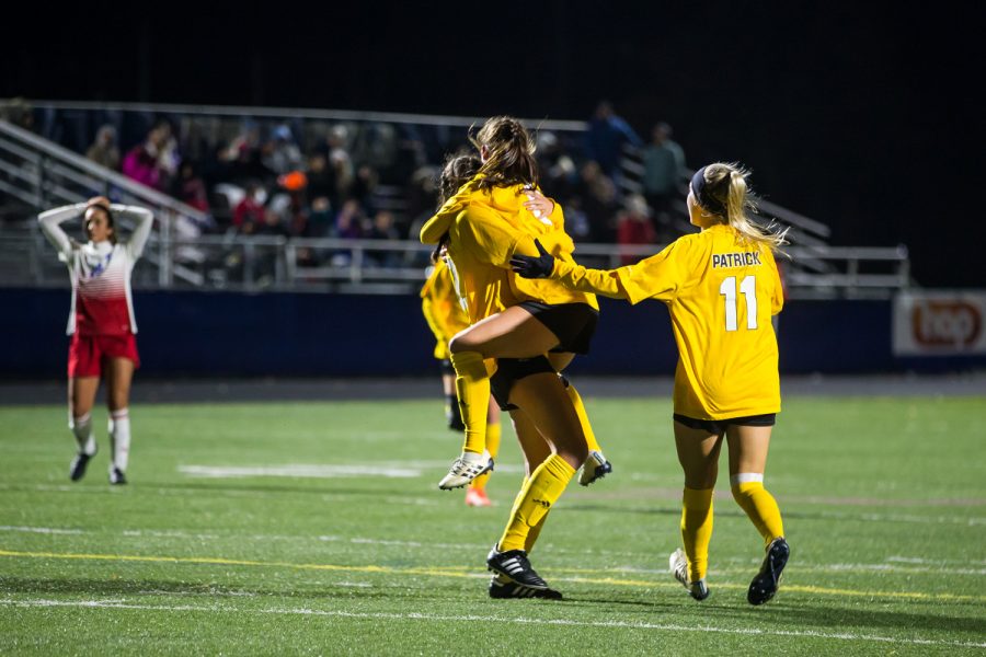 Shawna Zaken (8) celebrates after a goal during the game against Detroit Mercy in Detroit on Friday Night. The Norse won over Detroit Mercy, which locks in their spot in the Horizon League Tournament