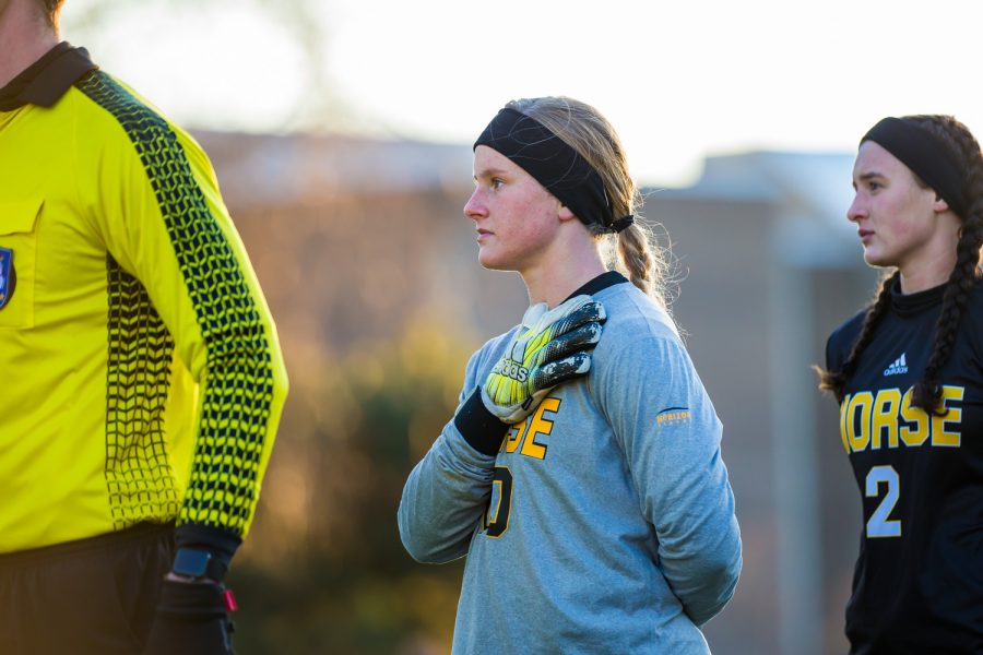 Mimi Stines (0) stands during the National Anthem before the start of the Semi-Final game of the Horizon League Tournament. Stines was credited with 11 saves on the game as the Norse fell to UIC 1-0.