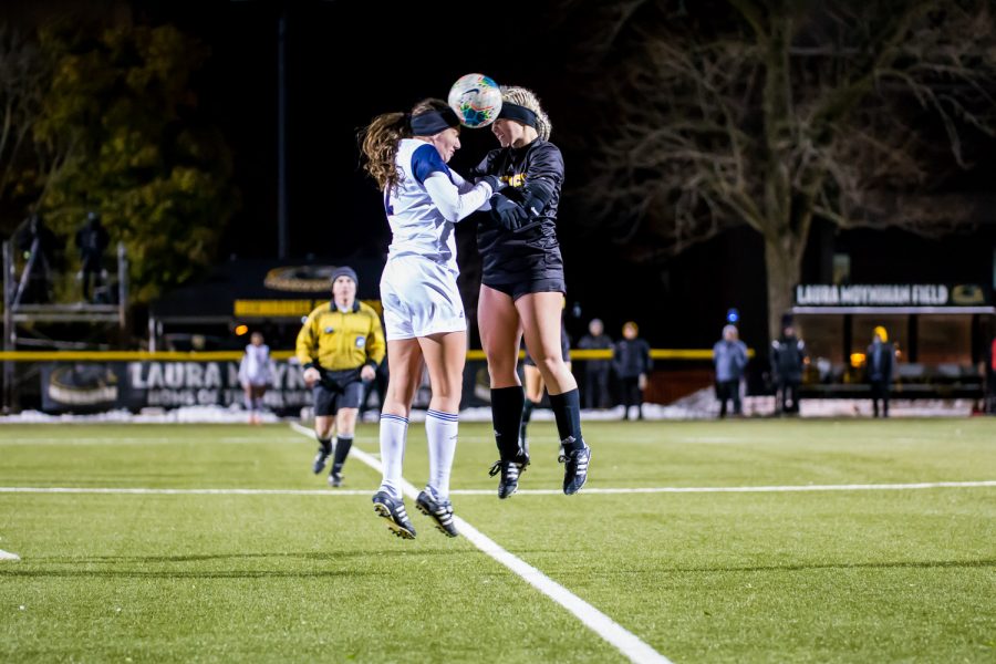 Ashleigh Cronin (5) goes up for head ball during the semifinal game of the Horizon League Tournament against UIC. The Norse fell to UIC 1-0 in double overtime.