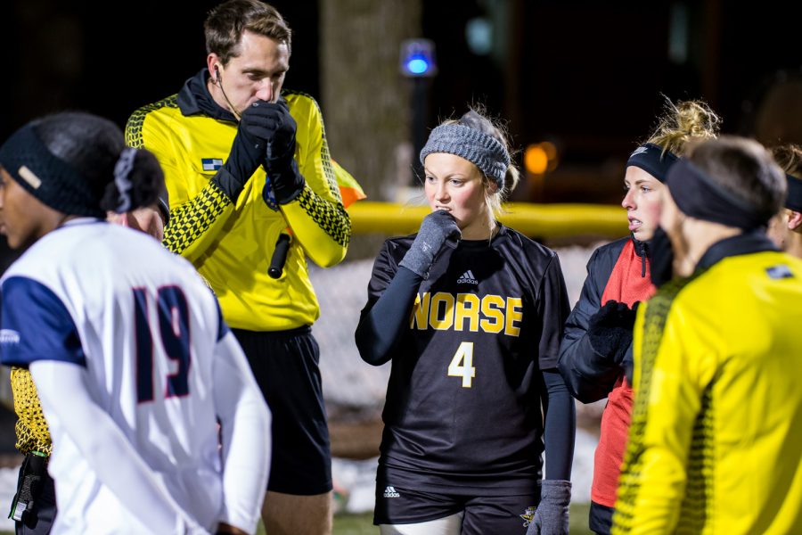 Hannah Fischer (4) waits for the coin toss before the first overtime period during the semifinal game of the Horizon League Tournament against UIC. The Norse fell to UIC 1-0 in double overtime.