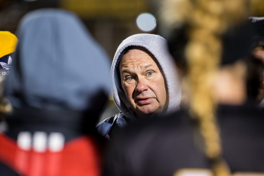 Womens Soccer Head Coach Bob Sheehan talks to the players before the start of the second overtime period during the semifinal game of the Horizon League Tournament against UIC. The Norse fell to UIC 1-0 in double overtime.