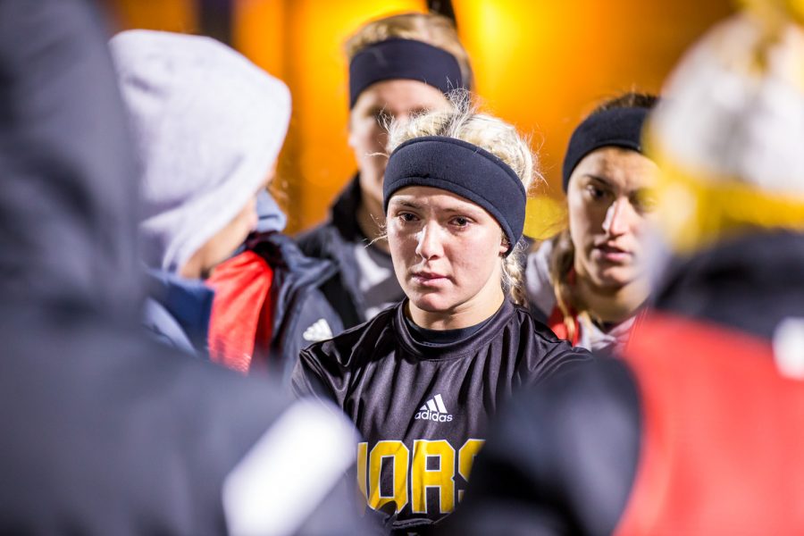 Ashleigh Cronin (5) reacts during the post game talk after the semifinal game of the Horizon League Tournament in Milwaukee, Wisconsin. The Norse fell to the Flames 1-0 in double overtime.