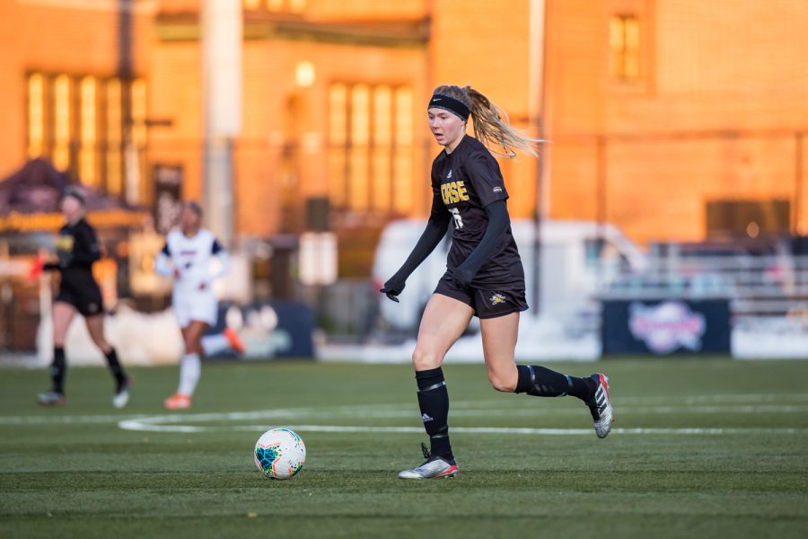 Kailey Ivins (15) drives toward the goal during the semifinal game of the Horizon League Tournament against UIC. The Norse fell to UIC 1-0 in double overtime.