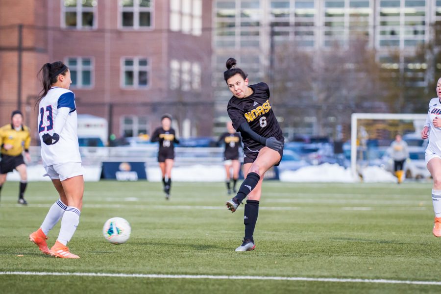 Ally Perkins (6) takes a shot on goal during the semifinal game of the Horizon League Tournament against UIC. The Norse fell to UIC 1-0 in double overtime.