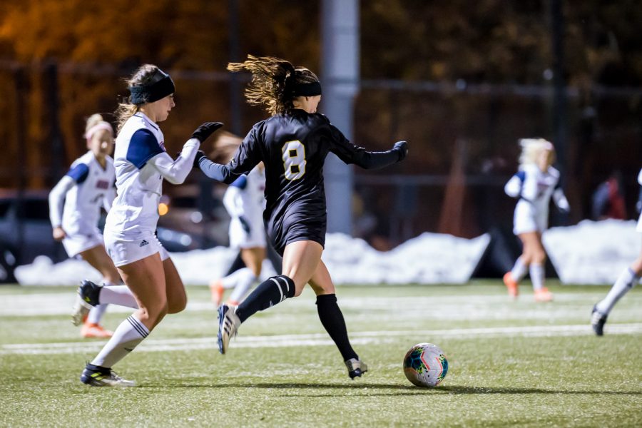 Shawna Zaken (8) drives toward the goal during the semifinal game of the Horizon League Tournament against UIC. The Norse fell to UIC 1-0 in double overtime.