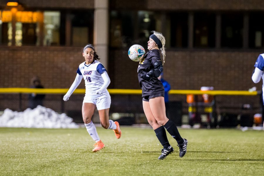 Ashleigh Cronin (5) brings down a ball in the air during the semifinal game of the Horizon League Tournament against UIC. The Norse fell to UIC 1-0 in double overtime.