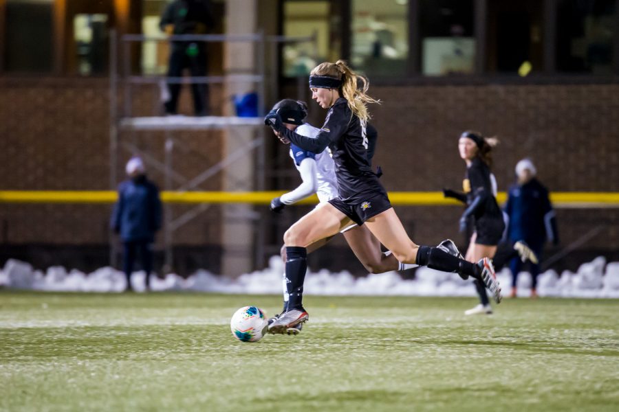 Kailey Ivins (15) fights toward the UIC goal during the semifinal game of the Horizon League Tournament against UIC. The Norse fell to UIC 1-0 in double overtime.