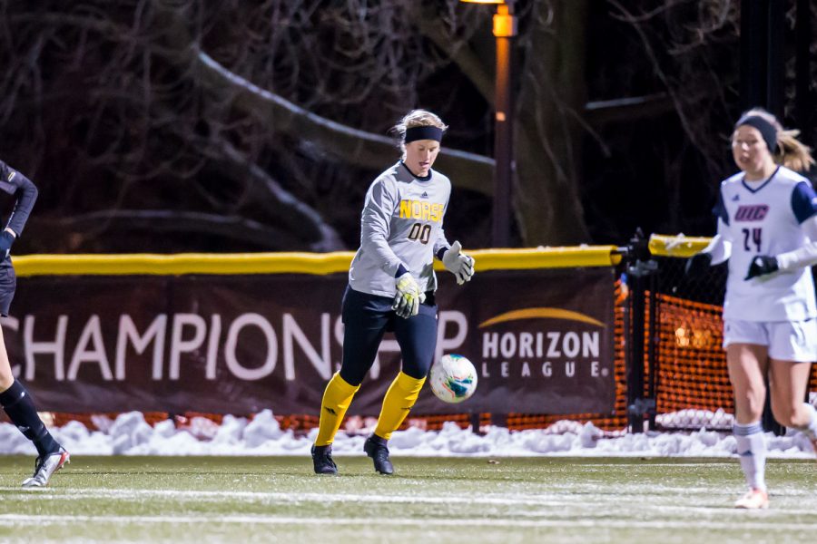 Mimi Stines bounces the ball after a save during the semifinal game of the Horizon League Tournament against UIC. The Norse fell to UIC 1-0 in double overtime.