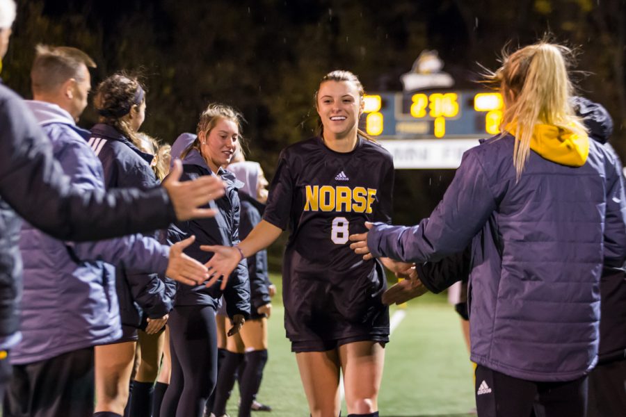Shawna Zaken (8) is introduced before Horizon League quarter final game at Wright State.  The Norse defeated Wright State 3-1 on the night.